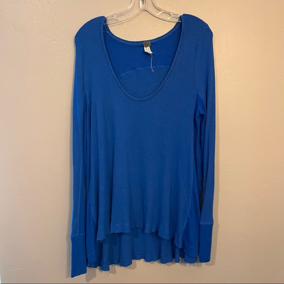 Free People Waffle Knit Long Sleeve T Shirt Boho Bohemian Distressed Hem - Picture 2 of 10